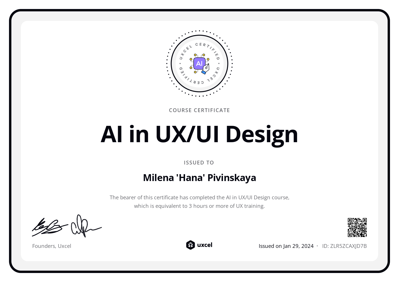 Milena 'Hana' Pivinskaya's certificate